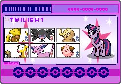 Size: 246x172 | Tagged: safe, artist:seaandsunshine, imported from derpibooru, twilight sparkle, abra, cleffa, espeon, girafarig, gothitelle, noctowl, pokémon, trainer card, twiface