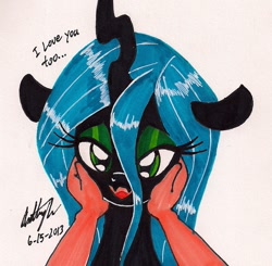 Size: 924x906 | Tagged: safe, artist:newyorkx3, imported from derpibooru, queen chrysalis, human, bedroom eyes, bronybait, hand, traditional art