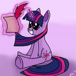 Size: 600x600 | Tagged: safe, artist:spinjitzumaster, imported from derpibooru, twilight sparkle, feather, female, letter, magic, solo, writing