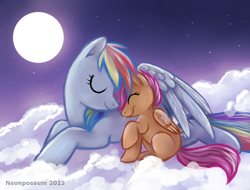 Size: 1000x758 | Tagged: dead source, safe, artist:neon-possum, artist:neonpossum, imported from derpibooru, rainbow dash, scootaloo, pegasus, pony, blank flank, cloud, cloudy, cuddling, cute, duo, duo female, eyes closed, featured image, female, filly, foal, folded wings, full moon, lying down, mare, moon, on a cloud, profile, prone, scootalove, snuggling, winghug, wings