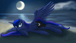 Size: 1600x900 | Tagged: safe, artist:rulsis, imported from derpibooru, princess luna, alicorn, pony, beach, bedroom eyes, both cutie marks, ethereal mane, female, full moon, mare, moon, night, solo, starry mane, sultry pose