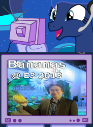 Size: 563x769 | Tagged: safe, imported from derpibooru, princess luna, gamer luna, banana, e3, exploitable meme, nintendo, satoru iwata, tv meme