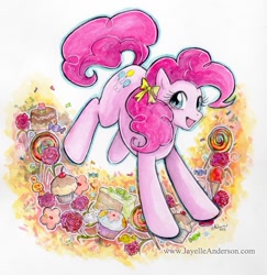 Size: 801x823 | Tagged: safe, artist:jayelle-anderson, imported from derpibooru, pinkie pie, bow, candy, cupcake, female, solo, traditional art