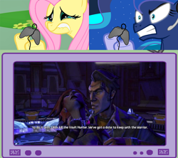 Size: 1126x1000 | Tagged: safe, imported from derpibooru, fluttershy, princess luna, pegasus, pony, gamer luna, borderlands, exploitable meme, female, fluttercry, gamer meme, gamershy, handsome jack, lilith, lilith (borderlands), mare, spoilers for another series, tv meme