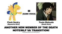 Size: 746x416 | Tagged: safe, imported from derpibooru, flash sentry, equestria girls, comparison, death note, english, exploitable meme, meme, same voice actor, touta matsuda, trivia, vincent tong