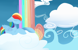 Size: 1024x663 | Tagged: safe, artist:dozymouse, imported from derpibooru, rainbow dash, cloud, cloudy, eyes closed, female, rainbow, solo