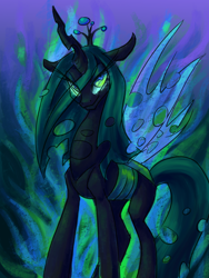 Size: 1500x2000 | Tagged: safe, artist:thiefofcookies, artist:zaphy1415926, imported from derpibooru, queen chrysalis, changeling, changeling queen, pony, abstract background, crown, eye clipping through hair, female, glowing, glowing eyes, jewelry, looking at you, regalia, solo, standing