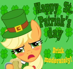 Size: 1126x1054 | Tagged: safe, artist:gutovi, imported from derpibooru, applejack, earth pony, pony, alcohol, beer, clover, drunk, drunk aj, female, four leaf clover, hat, mare, saint patrick's day, solo