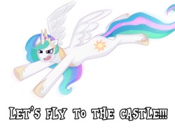 Size: 960x720 | Tagged: safe, artist:meewin, imported from derpibooru, princess celestia, alicorn, pony, angry, fangs, female, floppy ears, flying, frown, glare, let's fly to the castle, mare, open mouth, simple background, solo, spread wings, text, white background, wings