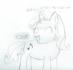 Size: 1466x1403 | Tagged: safe, artist:2shyshy, imported from derpibooru, sweetie belle, 30 minute art challenge, female, magic, microphone, monochrome, older, singing, solo, traditional art