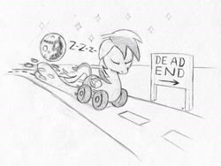 Size: 1611x1209 | Tagged: safe, artist:php87, imported from derpibooru, oc, oc only, oc:wheely bopper, original species, pegasus, wheelpone, dead end, grayscale, highway, mare in the moon, monochrome, moon, road, sign, sketch, sleeping, sleepwalking, solo, sound effects, stars, this will end in tears, traditional art, zzz