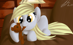 Size: 2500x1540 | Tagged: safe, artist:strangemoose, imported from derpibooru, derpy hooves, pegasus, pony, female, mare, solo, teddy bear