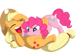 Size: 900x611 | Tagged: safe, artist:holsternicholson, edit, imported from derpibooru, applejack, pinkie pie, applepie, belly buzz, duo, female, lesbian, raspberry, shipping, tickling, tummy buzz