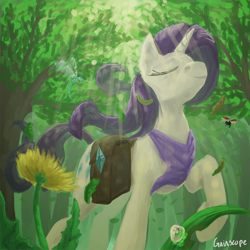 Size: 1000x1000 | Tagged: safe, artist:gaiascope, imported from derpibooru, rarity, insect, bag, eyes closed, female, scenery, solo