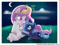 Size: 1700x1300 | Tagged: safe, artist:annakitsun3, imported from derpibooru, princess celestia, princess luna, cute, filly, moon, night, sisters, woona