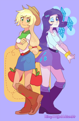 Size: 688x1063 | Tagged: safe, artist:rileyav, imported from derpibooru, applejack, rarity, equestria girls, cracking joints, crossed arms, cutie mark, duo, wink