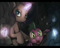 Size: 1280x1024 | Tagged: safe, artist:gsphere, imported from derpibooru, rarity, spike, dragon, pony, unicorn, cave, duo, gem, glow, glowing, glowing gems, glowing horn, magic