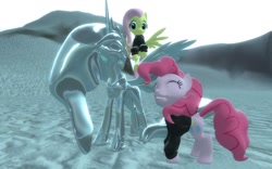 Size: 1680x1050 | Tagged: safe, artist:pinkie diane roosevelt phd, imported from derpibooru, fluttershy, pinkie pie, princess celestia, 3d, gmod, ice sculpture, snow, snowpony