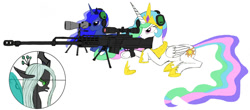 Size: 1346x594 | Tagged: safe, artist:gilgondorin, imported from derpibooru, princess celestia, princess luna, queen chrysalis, alicorn, changeling, pony, as50, female, gun, hooves, horn, lying down, mare, open mouth, optical sight, rifle, simple background, sniper, sniper rifle, weapon, white background, wings