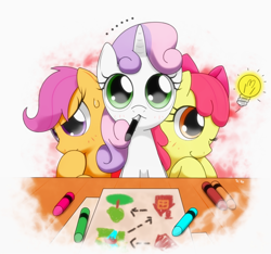 Size: 1200x1125 | Tagged: safe, artist:hoyeechun, imported from derpibooru, apple bloom, scootaloo, sweetie belle, earth pony, pegasus, pony, unicorn, apple bloom's bow, bow, crayon, crayon drawing, crayons, cute, cutie mark crusaders, drawing, female, filly, foal, hair bow, lightbulb, mouth hold, one eye closed, paper, sweat, sweatdrop