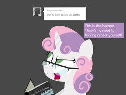 Size: 1280x960 | Tagged: safe, artist:dtcx97, imported from derpibooru, sweetie belle, ask, female, glasses, post-crusade, solo, vulgar