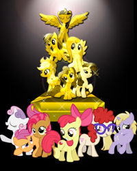 Size: 2400x3000 | Tagged: safe, artist:odiz, imported from derpibooru, apple bloom, applejack, babs seed, dinky hooves, fluttershy, pinkie pie, rainbow dash, rarity, scootaloo, sweetie belle, twilight sparkle, twist, alicorn, pony, black background, cutie mark, cutie mark crusaders, female, gold, mane six, mare, simple background, statue, twilight sparkle (alicorn), vector