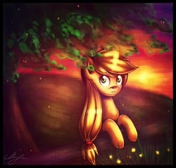 Size: 1216x1161 | Tagged: safe, artist:crazyrainbow0, imported from derpibooru, applejack, female, fence, solo, sunset, tree