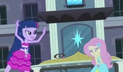 Size: 716x421 | Tagged: safe, edit, edited screencap, imported from derpibooru, screencap, fluttershy, twilight sparkle, equestria girls, equestria girls (movie), armpits, arms in the air, clothes, dress, duo, fall formal outfits, hands in the air, sleeveless, sleeveless dress, twilight ball dress