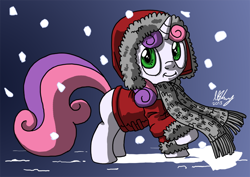 Size: 990x700 | Tagged: safe, artist:projectzuel, imported from derpibooru, sweetie belle, clothes, coat, female, scarf, snow, snowfall, solo