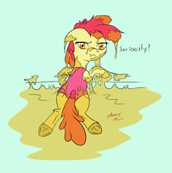 Size: 2120x2136 | Tagged: safe, artist:annonymouse, imported from derpibooru, apple bloom, earth pony, pony, clothes, female, filly, foal, hooves, messy, one-piece swimsuit, sap, solo, swimsuit, tree sap, underhoof, unshorn fetlocks