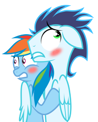 Size: 3620x4513 | Tagged: safe, artist:artitsmagic, imported from derpibooru, rainbow dash, soarin', blushing, female, hug, male, shipping, soarindash, straight