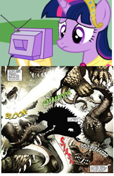 Size: 444x684 | Tagged: safe, idw, imported from derpibooru, twilight sparkle, alicorn, kaiju, pony, anguirus, female, gigan, godzilla (series), godzilla legends, king ghidorah, mare, the underdog, twilight sparkle (alicorn)