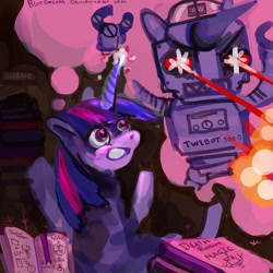 Size: 800x800 | Tagged: safe, artist:bloodrizer, imported from derpibooru, twilight sparkle, robot, 30 minute art challenge, adorkable, book, cute, daydream, dork, eye beams, imagining, magic, nuclear weapon, telekinesis, thought bubble