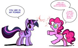 Size: 800x500 | Tagged: artist needed, source needed, safe, imported from derpibooru, pinkie pie, twilight sparkle, hypnosis, magic, speech bubble, spell, tyrant sparkle