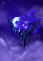 Size: 2480x3508 | Tagged: dead source, safe, artist:dalagar, imported from derpibooru, princess luna, alicorn, pony, armor, female, flying, mare, moon, night, solo, stars