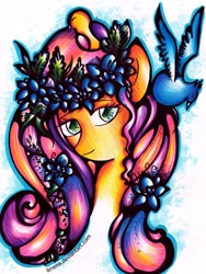 Size: 3098x4116 | Tagged: safe, artist:lirrena, imported from derpibooru, fluttershy, bird, female, flower, solo, traditional art