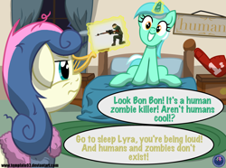 Size: 3826x2847 | Tagged: safe, artist:template93, imported from derpibooru, bon bon, lyra heartstrings, sweetie drops, earth pony, human, pony, unicorn, zombie, bed, bon bon is not amused, commission, foam finger, high res, humie, magic, pillow, window