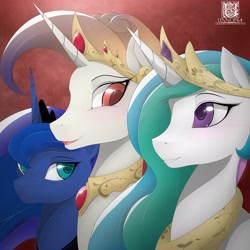 Size: 3333x3333 | Tagged: safe, artist:spyrothefox, artist:unnop64, imported from derpibooru, princess celestia, princess luna, oc, oc:queen galaxia, celestia and luna's mother, female, high res, mother, mother and child, mother and daughter, royal sisters, sisters, smiling, trio, trio female