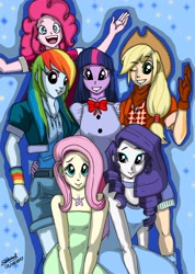 Size: 2492x3508 | Tagged: safe, artist:shikidark, imported from derpibooru, applejack, fluttershy, pinkie pie, rainbow dash, rarity, twilight sparkle, equestria girls, female, humane five, humane six, mane six, smiling