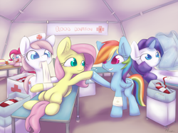 Size: 2000x1500 | Tagged: safe, artist:alasou, imported from derpibooru, fluttershy, nurse redheart, pinkie pie, rainbow dash, rarity, earth pony, pegasus, pony, unicorn, blood, blood donation, blood drive, cake, cute, donation, female, heartabetes, looking at each other, op is credit to team, smiling