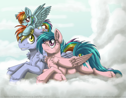 Size: 1024x796 | Tagged: safe, artist:inuhoshi-to-darkpen, imported from derpibooru, firefly, rainbow blaze, rainbow dash, pegasus, pony, cloud, crossed hooves, family, female, filly, filly rainbow dash, fireblaze, firefly as rainbow dash's mom, foal, g1, g1 to g4, g4, generation leap, lying on a cloud, mare, on a cloud, parent, trio, unshorn fetlocks, younger