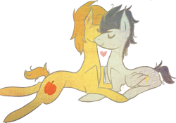 Size: 664x465 | Tagged: safe, artist:dodriobacon, imported from derpibooru, braeburn, soarin', cuddling, cute, eyes closed, gay, heart, male, prone, shipping, simple background, smiling, snuggling, soarburn, transparent background