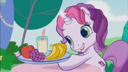 Size: 853x480 | Tagged: safe, imported from derpibooru, screencap, sweetie belle, sweetie belle (g3), apple, banana, cup, drink, female, food, fruit, g3, g3.5, glow, glowing, grapes, magic, milkshake, plate, solo, straw, sweetie belle's magic brings a great big smile