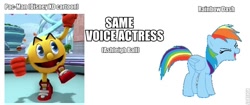 Size: 773x326 | Tagged: safe, imported from derpibooru, rainbow dash, ashleigh ball, exploitable meme, pac-man, same voice actor, text, wrong