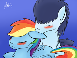 Size: 1280x960 | Tagged: safe, artist:amnease, imported from derpibooru, rainbow dash, soarin', blushing, chest fluff, ear bite, eyes closed, female, male, shipping, smiling, soarindash, straight