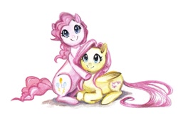 Size: 1691x1123 | Tagged: safe, artist:paulina-ap, imported from derpibooru, fluttershy, pinkie pie, female, flutterpie, hug, lesbian, looking at you, prone, shipping, smiling, traditional art