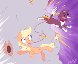 Size: 960x786 | Tagged: safe, artist:fizzy-dog, artist:seabastian, imported from derpibooru, applejack, winona, pony, action pose, epic walkies, explosion, explosive fart, fart, leash, mouth hold