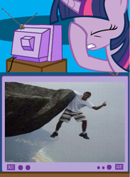 Size: 563x771 | Tagged: safe, imported from derpibooru, twilight sparkle, human, cliff, exploitable meme, facehoof, fail, meme, safety, stupidity, tv meme, yolo