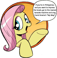 Size: 421x431 | Tagged: safe, idw, imported from derpibooru, fluttershy, bad advice fluttershy, exploitable meme, frank sinatra, meme, philippines, this will end in tears, this will end in tears and/or death