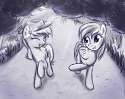 Size: 588x464 | Tagged: safe, artist:fajeh, imported from derpibooru, applejack, rainbow dash, duo, flower, flower in hair, monochrome